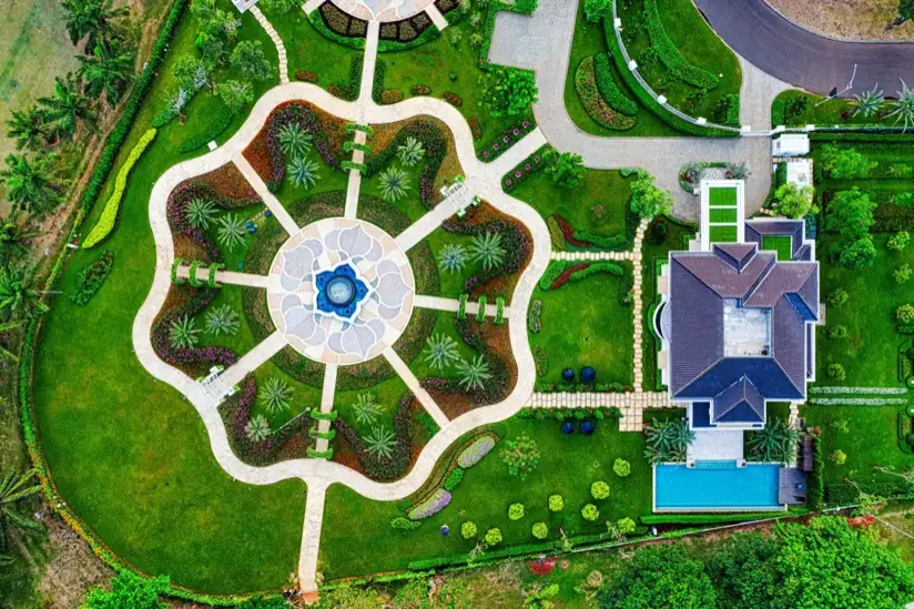 An aerial view of a house and garden.