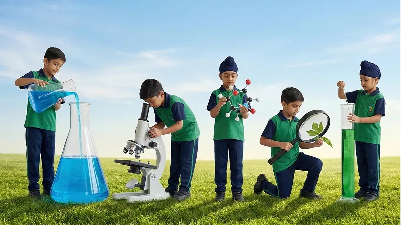 Teacher helping students learn in classroom