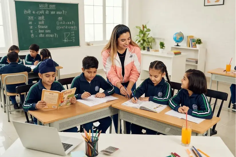 Two young girls walking across a grass covered field.