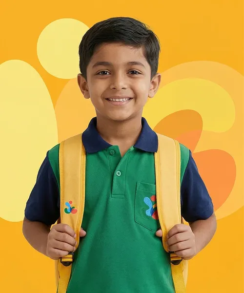 A young boy with glasses holding a stack of books.